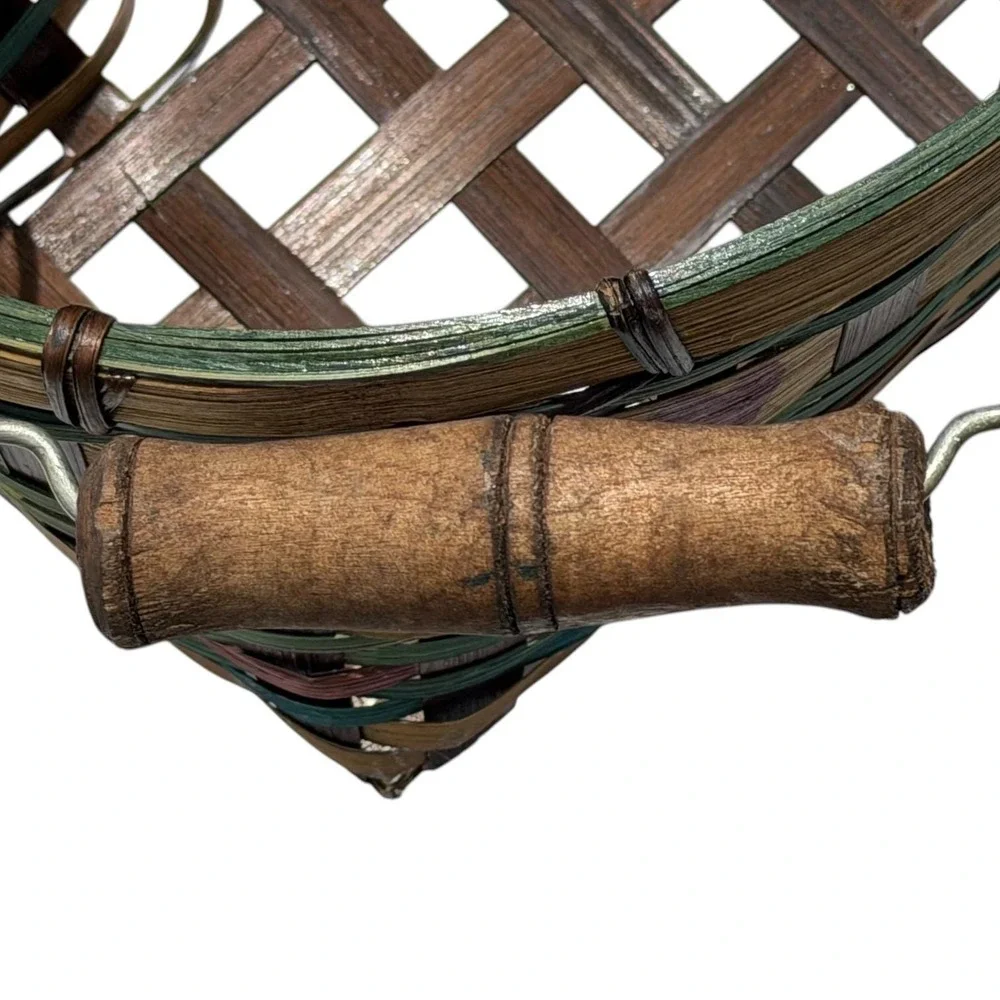 Vintage Heart Shaped Woven Basket Wood Handle Primitive Farmhouse Cottage Decor